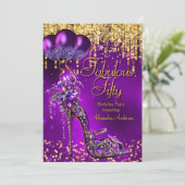 Fabulous 50 Party Lila Glitzer Gold Stiletto Einladung (Stehend Vorderseite)