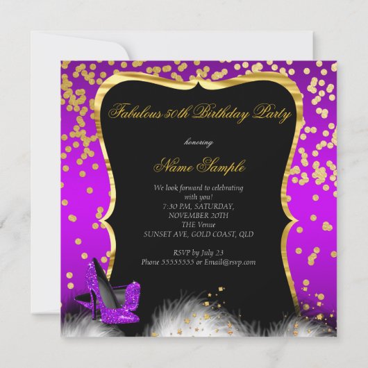 Fabulous 50 Party Lila Magenta Gold Champagner Einladung (Rückseite)