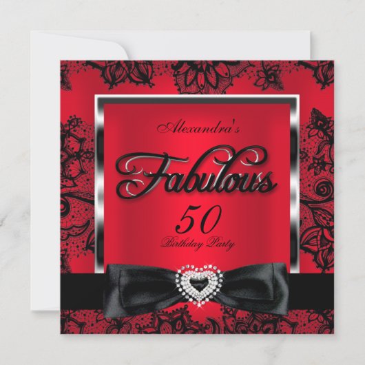 Fabulous 50 Party Red Damask Black Lace Einladung (Vorderseite)