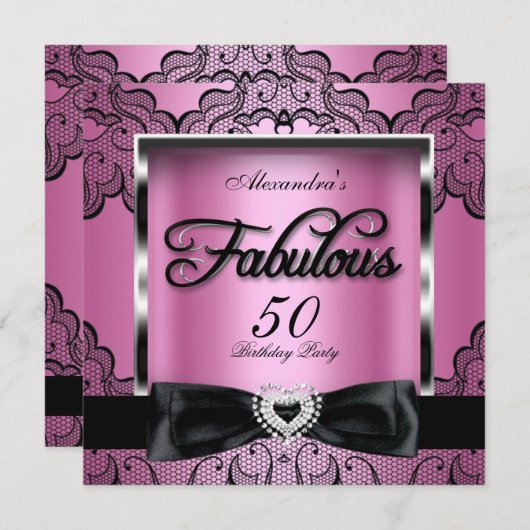 Fabulous 50 Party Rosa Damaskus Schwarze Spitze Einladung (Vorne/Hinten)