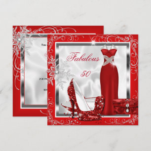 Fabulous 50 Party Rot Silber Kleid Absätze S7 Einladung