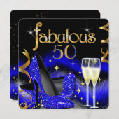 Fabulous 50 Party Royal Blue High Heels Gold Black Einladung (Vorne/Hinten)
