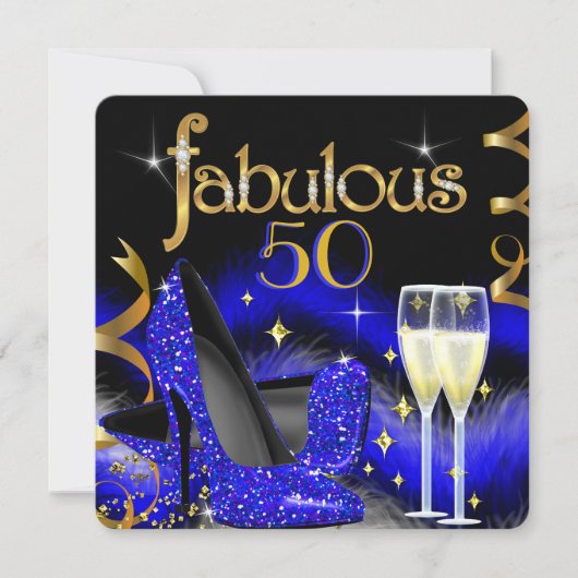 Fabulous 50 Party Royal Blue High Heels Gold Black Einladung (Vorderseite)