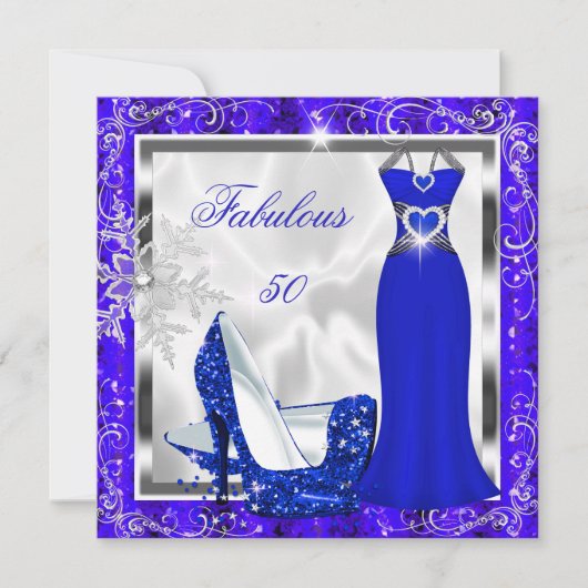 Fabulous 50 Party Royal Blue Silver Dress Heelse S Einladung (Vorderseite)