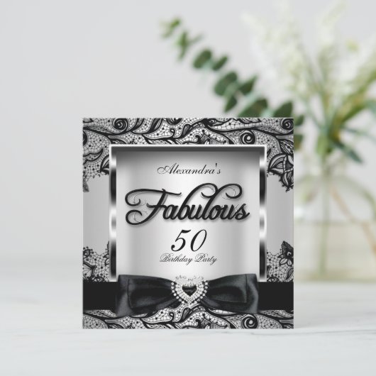 Fabulous 50 Party Silver Gray Damask Black Lace 2 Einladung (Stehend Vorderseite)