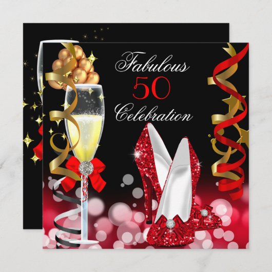 Fabulous 50 Red Black Gold Bubbles Party Einladung (Vorne/Hinten)