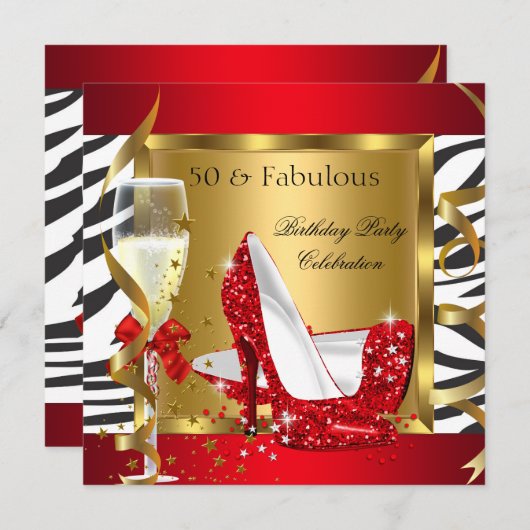 Fabulous 50 Red Glitzer High Heel Zebra Champagne Einladung (Vorne/Hinten)