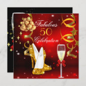 Fabulous 50 Red Gold High Heel Champagne Party 2 Einladung (Vorne/Hinten)