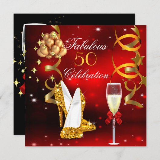 Fabulous 50 Red Gold High Heel Champagne Party 2 Einladung (Vorne/Hinten)