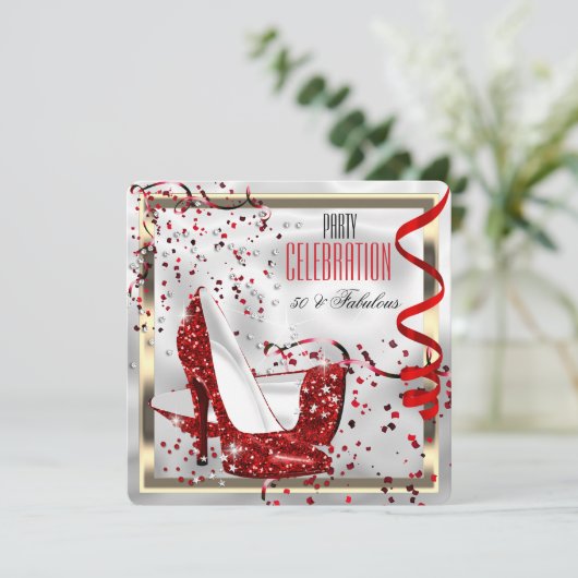 Fabulous 50 Red Schwarz-weiß Birthday Party Einladung (Stehend Vorderseite)