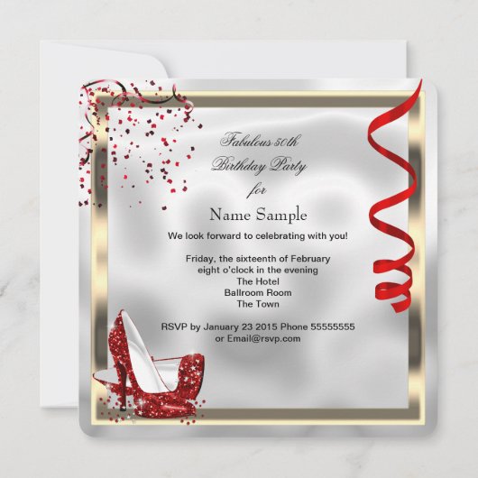 Fabulous 50 Red Schwarz-weiß Birthday Party Einladung (Rückseite)