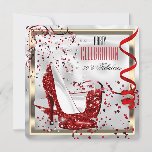 Fabulous 50 Red Schwarz-weiß Birthday Party Einladung (Vorderseite)