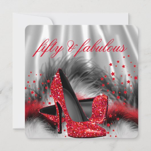 Fabulous 50 Rot High Heels Silver Black Silk Party Einladung (Vorderseite)