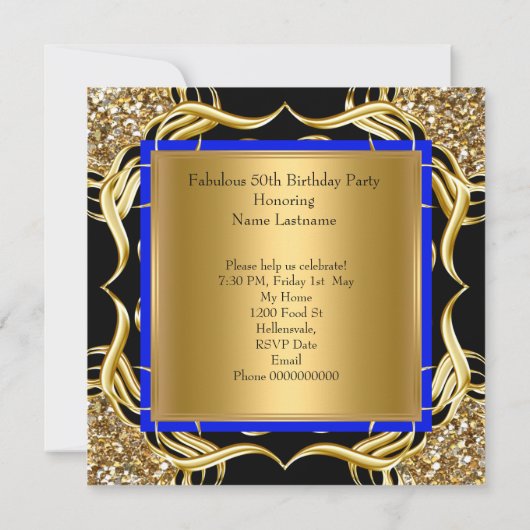 Fabulous 50 Royal Blue Heelses Black Glitzer Gold Einladung (Rückseite)