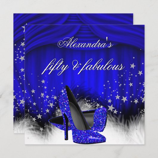 Fabulous 50 Royal Blue High Heels Feather Birthday Einladung (Vorne/Hinten)