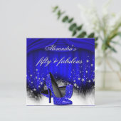 Fabulous 50 Royal Blue High Heels Feather Birthday Einladung (Stehend Vorderseite)
