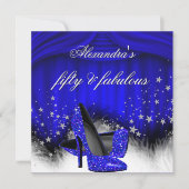Fabulous 50 Royal Blue High Heels Feather Birthday Einladung (Vorderseite)