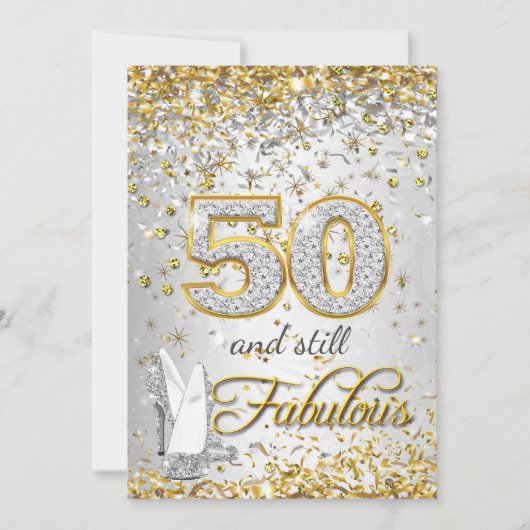 Fabulous 50 Silbergoldvergoldung High Heels Party Einladung (Vorderseite)