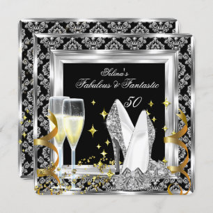 Fabulous 50 Silver Damask Black Birthday Party Einladung