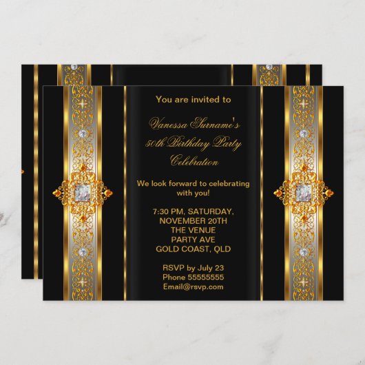 Fabulous 50 Super Elegant Birthday Gold Black Einladung (Vorne/Hinten)