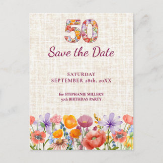 Fabulous 50th Birthday Party, Floral Save the Date Ankündigungspostkarte