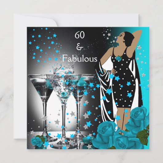 Fabulous 60 60. Geburtstag Aquamarine Rose Martini Einladung (Vorderseite)