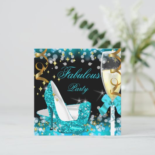 Fabulous Aquamarin Blue Glitzer High Heel Geburtst Einladung (Stehend Vorderseite)