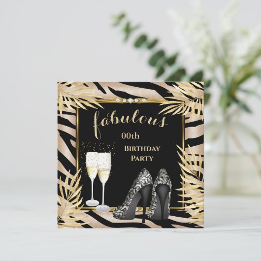 Fabulous Beige Gold Palms zebra Champagner Party Einladung (Stehend Vorderseite)