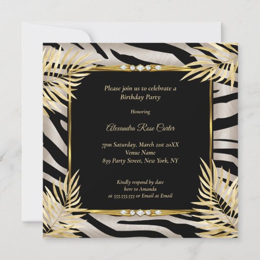 Fabulous Beige Gold Palms zebra Champagner Party Einladung (Rückseite)
