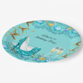 Fabulous Birthday Aquamarin Blue Heelses Champagne Pappteller (Schrägansicht)