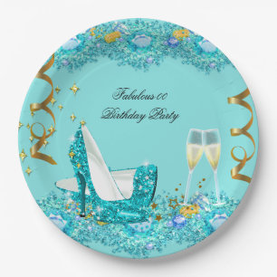 Fabulous Birthday Aquamarin Blue Heelses Champagne Pappteller