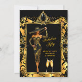 Fabulous Birthday Black Gold Damask Champagne Einladung (Vorderseite)