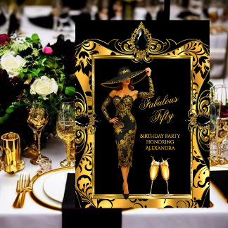 Fabulous Birthday Black Gold Damask Champagne Einladung