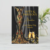 Fabulous Birthday Black Red Gold Dress Champagne Einladung (Stehend Vorderseite)