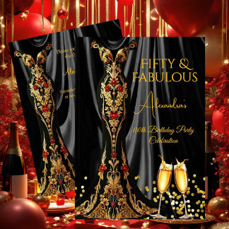 Fabulous Birthday Black Red Gold Dress Champagne Einladung