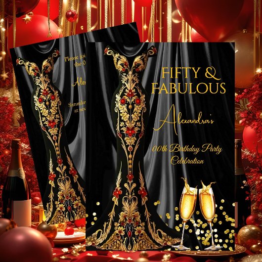 Fabulous Birthday Black Red Gold Dress Champagne Einladung
