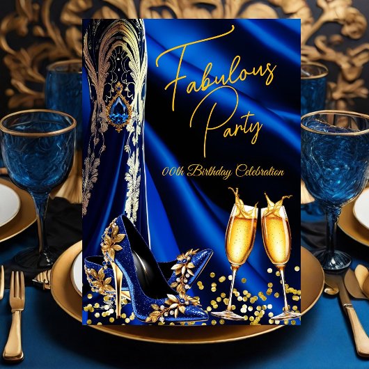 Fabulous Birthday Blue Gold Heelses Champagne Einladung