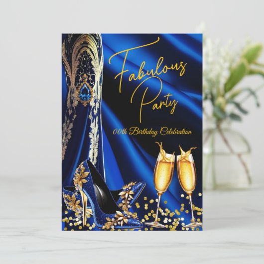 Fabulous Birthday Blue Gold Heelses Champagne Einladung (Stehend Vorderseite)