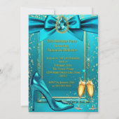 Fabulous Birthday Blue Teal Heel Champagne Gold Einladung (Rückseite)