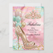 Fabulous birthday Blush Pink Teal Tiara Gold Heel Einladung (Vorderseite)