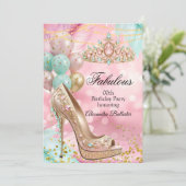 Fabulous birthday Blush Pink Teal Tiara Gold Heel Einladung (Stehend Vorderseite)