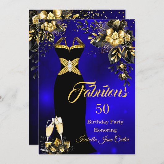 Fabulous Birthday Champagne Blue Gold Floral Einladung (Vorne/Hinten)