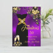 Fabulous Birthday Champagne Lila Gold Floral Einladung (Stehend Vorderseite)