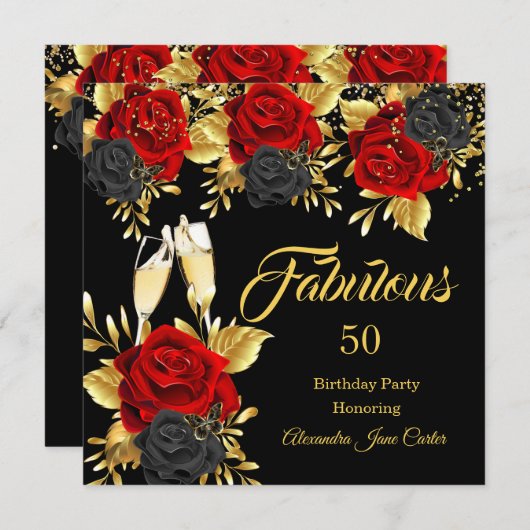 Fabulous Birthday Champagne Red Black Rose Gold Einladung (Vorne/Hinten)