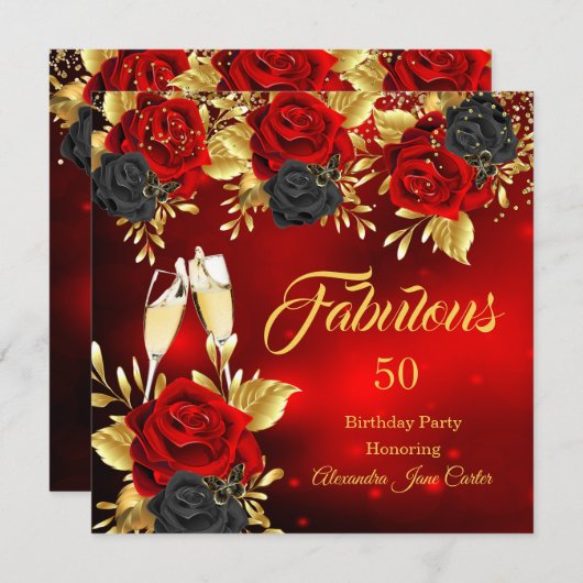 Fabulous Birthday Champagne Red Black Rose Gold Einladung (Vorne/Hinten)