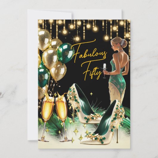 Fabulous Birthday Emerald Green Gold Creme Dress Einladung (Vorderseite)