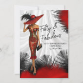 Fabulous Birthday Glamour Woman Red Black Feathers Einladung (Vorderseite)