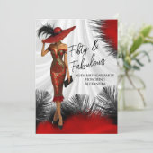 Fabulous Birthday Glamour Woman Red Black Feathers Einladung (Stehend Vorderseite)