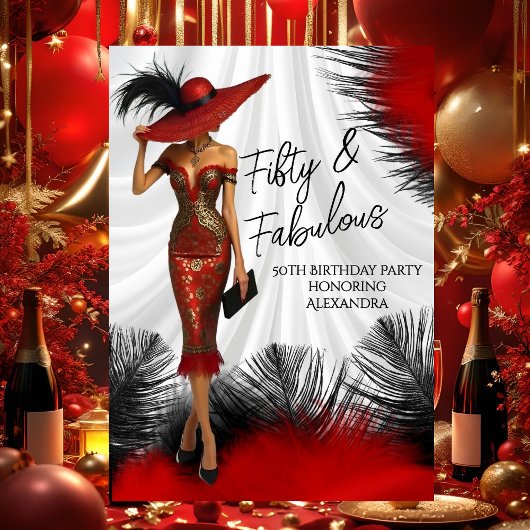 Fabulous Birthday Glamour Woman Red Black Feathers Einladung