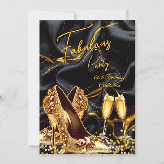 Fabulous Birthday Gold Heelse Black Champagne Einladung (Vorderseite)